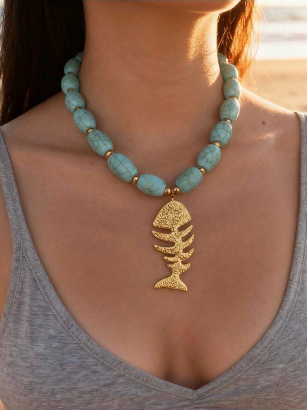 Turquoise Beaded Necklace with Gold Fishbone Pendant
